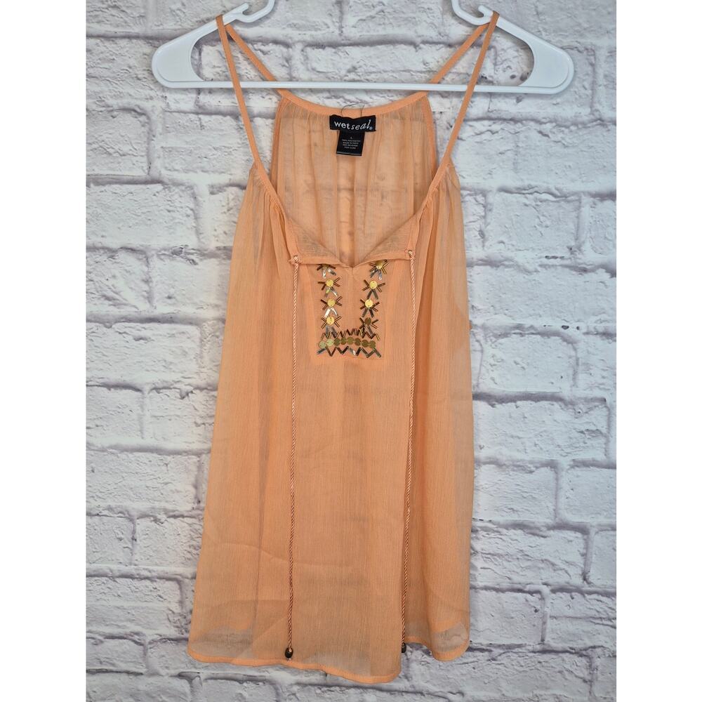 Vintage Y2K Wet Seal Beaded Sequin Halter Tank Top Sheer Orange fairycore